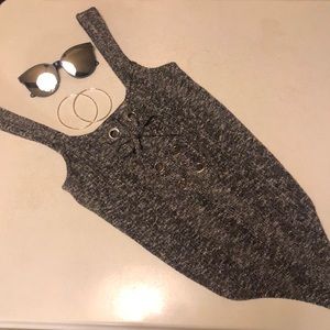 Grey knit lace up express bodysuit